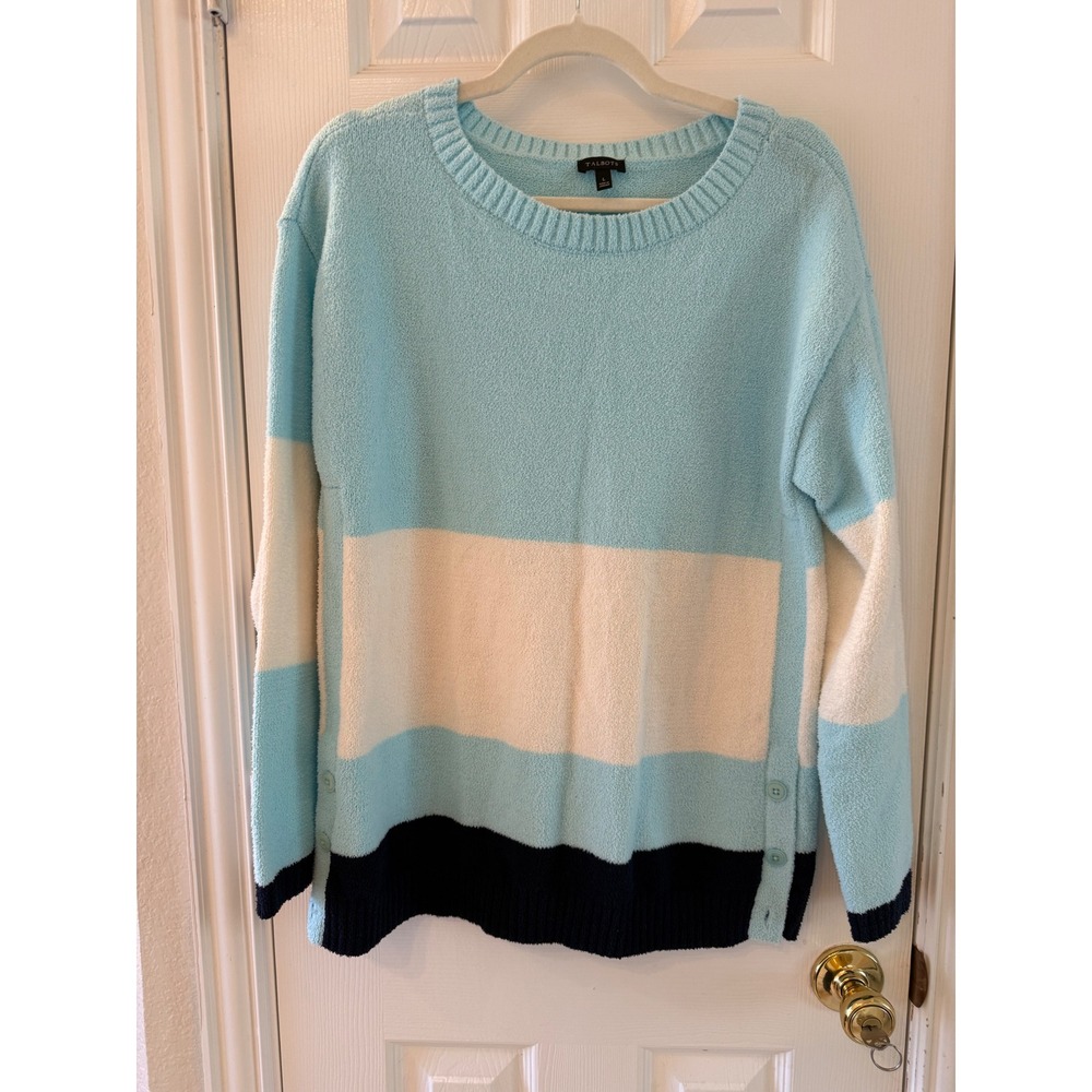 Talbots Color Block Sweater Women's Long‎ Sleeve Button Cuff Cozy Blue White